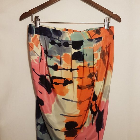 BCBGMAXAZRIA Multicolor Watercolor Print Drape Silk Mini Skirt S 4 2 0 15 in. - Picture 2 of 16